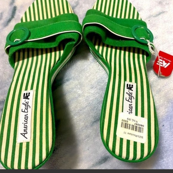 Retro 50s 60s Style Classic Green White Striped Wedges American Eagle - Picture 4 of 9